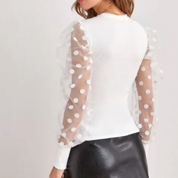 Classic Black Polka Dot Sheer Sleeve Fitted Top - Picture 5 of 6